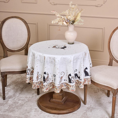 Скатерть круглая "ПАРИЖСКИЕ КОТЫ" ,150 см, твилл ,белый,пропитка LEFARD 850-746-23-11