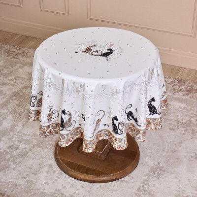Скатерть круглая "ПАРИЖСКИЕ КОТЫ" ,150 см, твилл ,белый,пропитка LEFARD 850-746-23-13