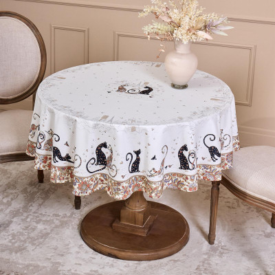 Скатерть круглая "ПАРИЖСКИЕ КОТЫ" ,150 см, твилл ,белый,пропитка LEFARD 850-746-23-16