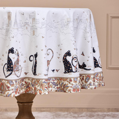 Скатерть круглая "ПАРИЖСКИЕ КОТЫ" ,150 см, твилл ,белый,пропитка LEFARD 850-746-23-5