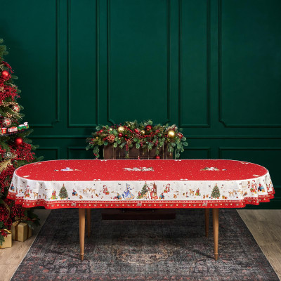 Скатерть овальная "С НОВЫМ ГОДОМ" 140х300см ,красный, 100% хлопок,твил пропитка LEFARD 850-763-42-6