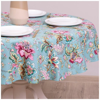 Скатерть круглая "РАЙСКИЙ САД" d145 см, 100% хлопок,бирюза, LEFARD 850-818-24-1