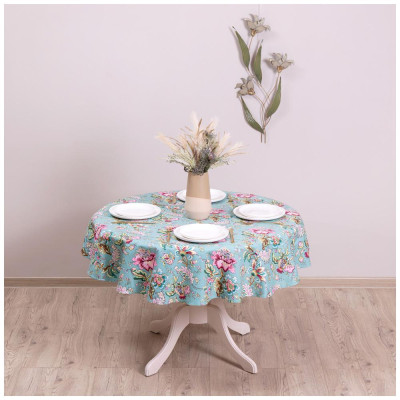 Скатерть круглая "РАЙСКИЙ САД" d145 см, 100% хлопок,бирюза, LEFARD 850-818-24-4