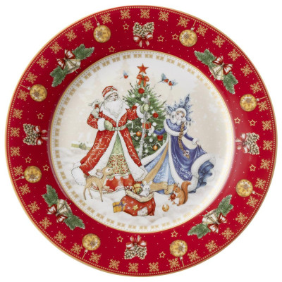 Тарелка закусочная "ДЕД МОРОЗ И СНЕГУРОЧКА" 20,5см красная (кор=18шт.) LEFARD 85-1717-11