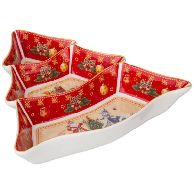 Менажница-елка "ДЕД МОРОЗ И СНЕГУРОЧКА" 24*24*3 см красная (кор=12шт.) LEFARD 85-1748-1