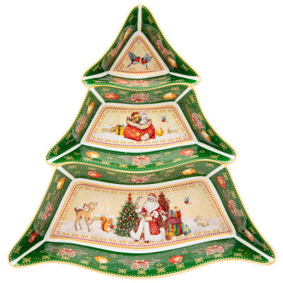 Менажница-елка "ДЕД МОРОЗ" 24*24*3 см зеленая (кор=12шт.) LEFARD 85-1750