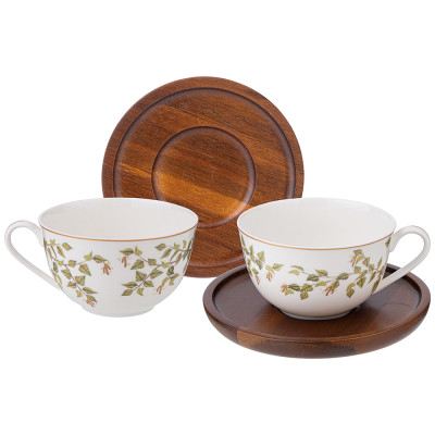 Чайный набор " БЕРЕЗКИ" на 2 пер. 4 пр. 300 мл на дерев. блюдце (кор=12наб.) LEFARD 85-2019