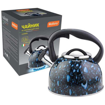 003979 Чайник из нерж.стали Mallony LACRIMA (2.5л, со свистком, черный с синими каплями)