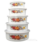 008764 Набор из 5 эмалированных мисок с крышками, FAMILIA, Mallony белый с дизайном 008764 Набор из 5 эмалированных мисок с крышками, FAMILIA, Mallony белый с дизайном