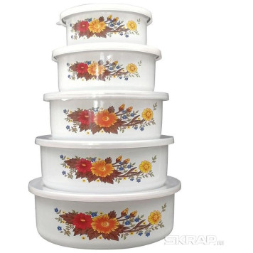 008764 Набор из 5 эмалированных мисок с крышками, FAMILIA, Mallony белый с дизайном