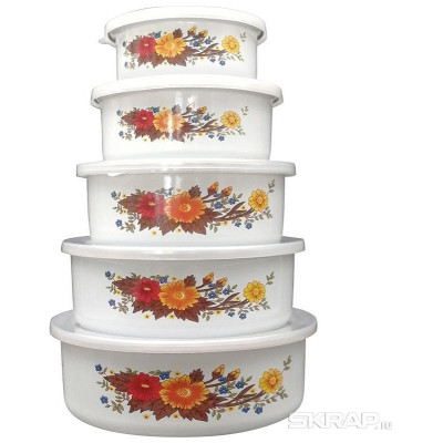 008764 Набор из 5 эмалированных мисок с крышками, FAMILIA, Mallony белый с дизайном