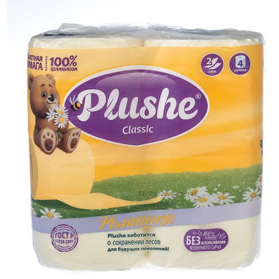 Бумага туалетная Plushe Classic Ромашка, 4 рулона*18 метров, 2 слоя, 12 в упаковке