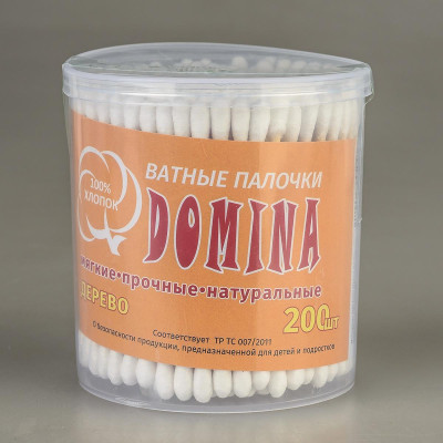 Ватные палочки DOMINA, дерево, круглая банка 200шт