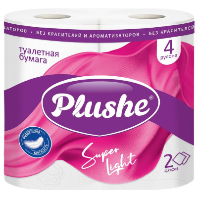 Бумага туалетная PLUSHE Super Light, 4 рулонов., 2 слоя, 15метров, белая