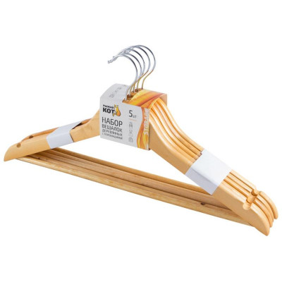 007769 Набор вешалок деревянных с перекладиной 'Рыжий кот' светлое дерево (5шт)