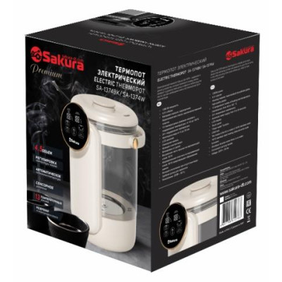 Термопот SA-1374W Premium 4,5л стекл. LCD сенсор 13темп замок таймер-1